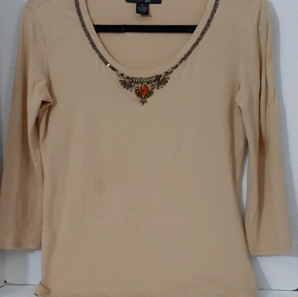 Womens Nude slim fit sz small Pitet Pitet Jeweled trim top 3/4" sleeved shirt